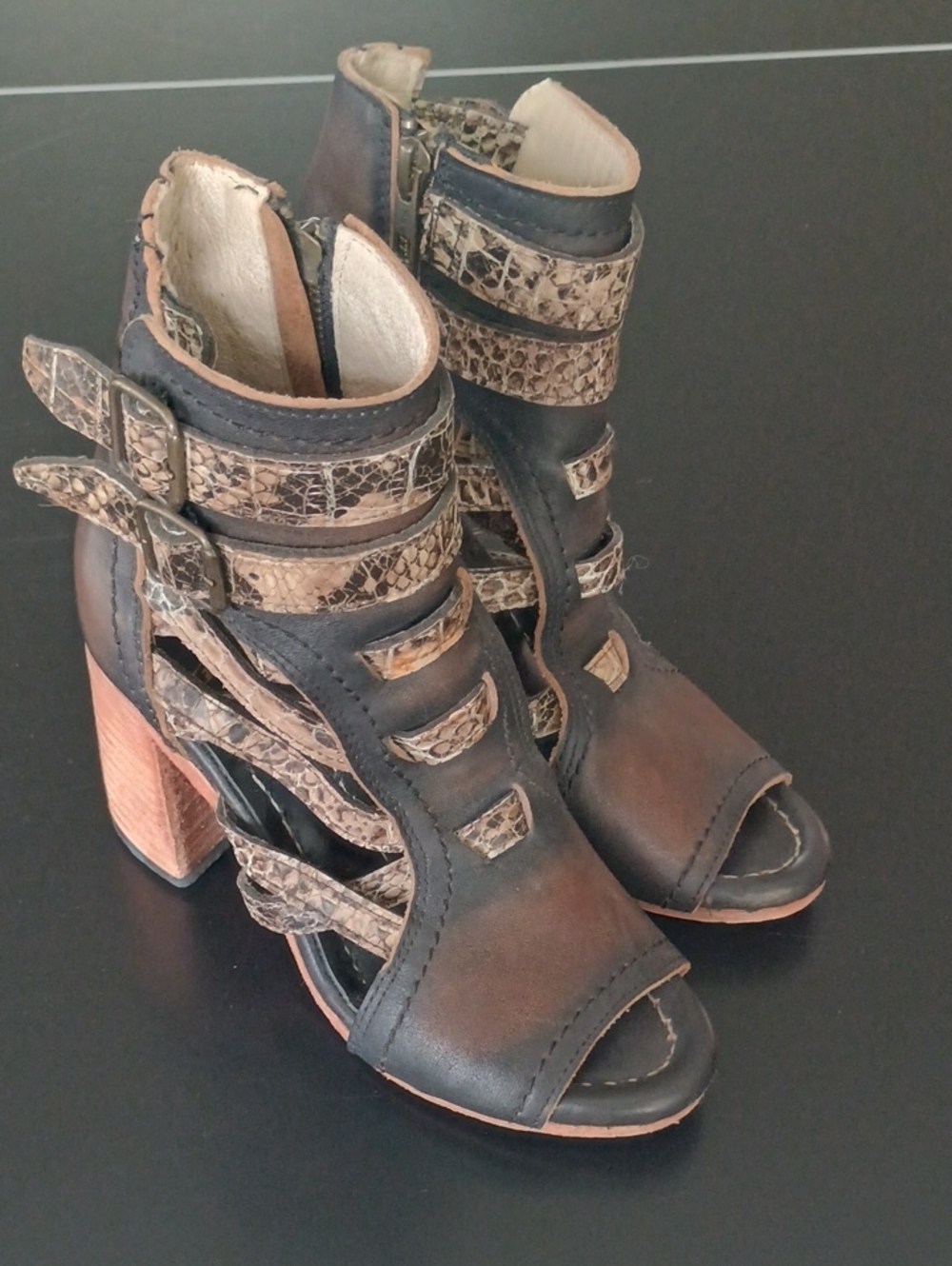 Freebird by Steven Brown Open-Toe Cutout Heeled Sandals with Snake-Print Straps